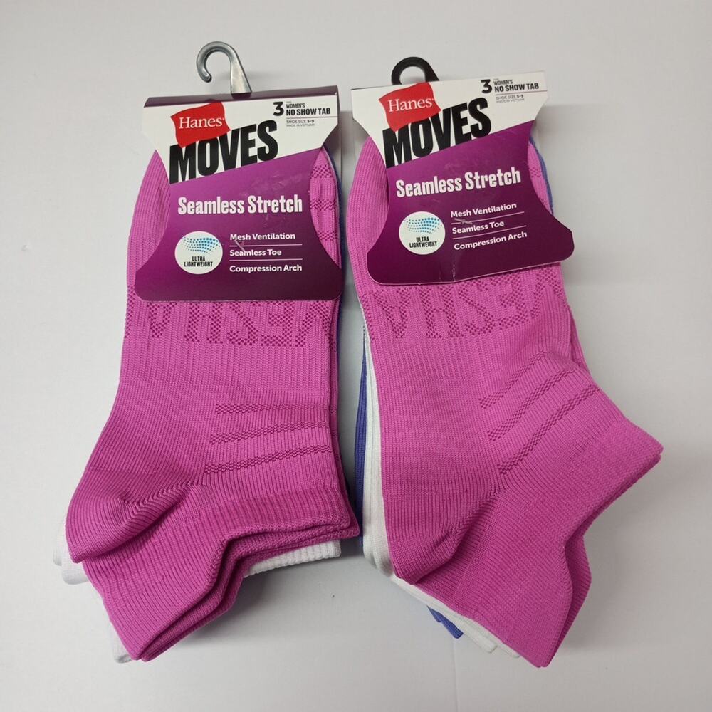 Hanes Moves No Show Tab Socks 6 Pairs Women's Size 5-9 Assorted Seamless Stretch